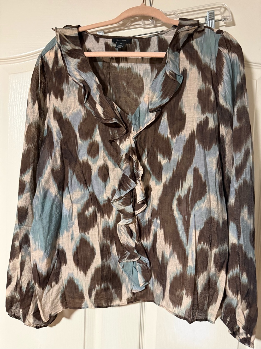 Halogen Ruffle-Front V-Neck Blouse in Brown, Blue & Cream
